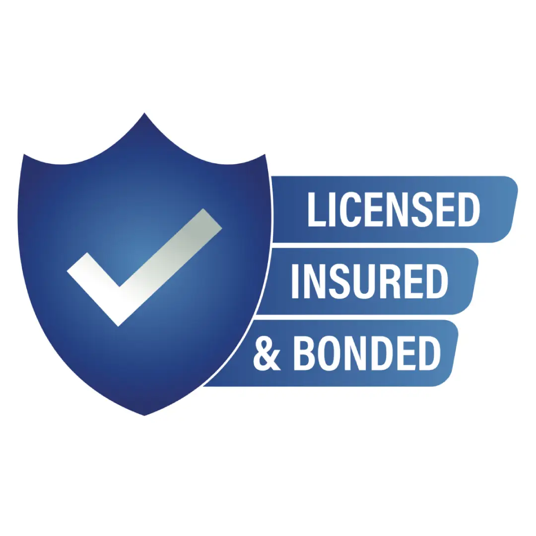 A blue shield with the words licensed insured and bonded.